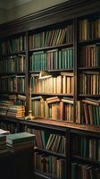 Classic wooden bookshelf filled with vintage leather-bound books in rich colors, warm lighting creates cozy library atmosphere for reading and study spaces.