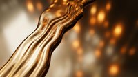 Flowing golden liquid metal streams with warm bokeh lights creating luxurious abstract background for premium design projects and elegant presentations.