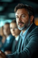 Confident mature businessman with gray beard in suit during corporate meeting or conference with blurred colleagues in modern office environment.