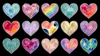 Colorful watercolor heart collection with ornate patterns, isolated on transparent background. Great for stickers, valentines, t-shirt design, clipart, and print on demand.