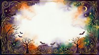 Watercolor Halloween frame with bats, bare trees, ghosts, moon, stars, and spiderwebs on a dark mystical background with copy space.