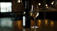 Glass of white wine and bottle on wooden table with blurred restaurant background and ambient lighting creating moody atmosphere for fine dining experience.