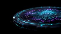 Futuristic circular interface with glowing blue and purple light effects on dark background, featuring technological patterns and radial design elements.