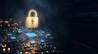 Digital security concept with glowing padlock icon floating above illuminated circuit board representing cybersecurity and data protection technology.