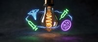 Vintage Edison bulb surrounded by colorful neon medical symbols including DNA helix, syringe, and virus icons on dark background for healthcare innovation.