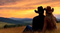 Romantic couple in western attire sitting together watching dramatic orange sunset over mountain landscape, silhouetted against glowing evening sky in rural countryside.