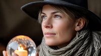 Young Caucasian woman in black hat and knit scarf holding glowing crystal ball with warm candlelight reflection, mystical fortune telling concept for spiritual content.