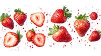 Fresh ripe strawberries and halves with green leaves scattered on white background with red splashes, watercolor style illustration for food packaging and design.