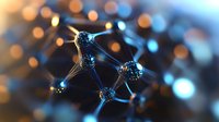 Molecular structure with glowing connections and bokeh lights background for scientific research and chemistry education presentations.