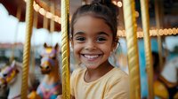 Young African American girl with bright smile enjoying carousel ride at amusement park, wearing yellow shirt against blurred festive lights background.