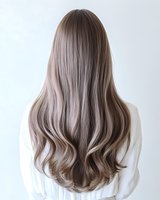 Long wavy ash blonde hair from behind on young woman wearing white blouse against light background, showcasing modern balayage hair coloring technique and styling.