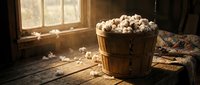 Fresh white mushrooms in rustic wooden basket on farmhouse table with warm sunlight streaming through vintage window creating cozy kitchen atmosphere.