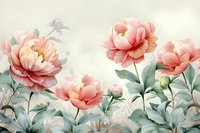 Delicate coral peonies with sage green leaves on soft beige background, watercolor style floral arrangement creates romantic garden atmosphere.