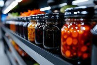 Glass jars filled with colorful preserved foods and pickled vegetables displayed on grocery store shelves with shallow depth of field bokeh background.