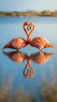 Two flamingos forming a heart shape with their necks in shallow water, creating a romantic symbol of love and connection with mirror reflections below.