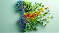 Artistic profile silhouette transforming into scattered leaves and nature elements, expressing mental health awareness and environmental connection on mint background.