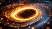 Glowing golden spiral of light particles and sparkles swirling in dark blue space creating magical cosmic effect. Abstract background with dynamic energy motion.
