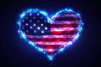 Glowing heart shape with American flag pattern surrounded by bright blue electric lightning effect on dark background, patriotic symbol for Independence Day.