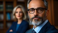 Confident mature businessman with gray beard and glasses in office setting, female colleague in background. Professional corporate portrait showing leadership and expertise.