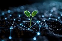 Young green seedling growing from soil with digital network visualization, symbolizing agricultural technology and sustainable farming innovation.