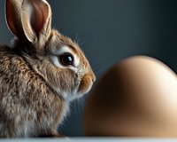 Curious brown rabbit looking at large egg against dark background, close-up portrait showing detailed fur texture and bright eye. Easter holiday concept.