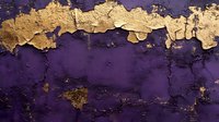 Textured purple wall with peeling gold paint creating abstract pattern. Grunge surface with cracked and chipped layers reveals vintage architectural detail.