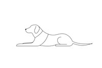 Minimalist line drawing of resting dog in profile view, continuous single line art style on white background, suitable for modern wall art and design projects.