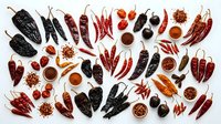 Flat lay arrangement of various dried chili peppers, peppercorns, and ground spices on white background. Culinary ingredients for cooking and seasoning.