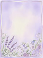 Lavender and bluebell flowers with ornamental scrolls on soft purple watercolor background, isolated on white for greeting cards, invitations, and stationery design.