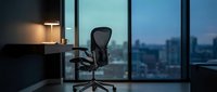 Modern office chair at desk by floor-to-ceiling windows overlooking city skyline at dusk, suitable for corporate workspace and business environment concepts.