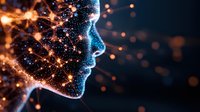 Digital profile made of glowing particles and light effects on dark background, representing artificial intelligence and future technology concept.