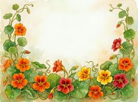 Watercolor nasturtium floral border frame with orange, red and yellow blooms on soft background, copy space for text or greeting card design.