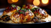 Glazed chicken thighs with herbs and spices on cast iron skillet, golden brown caramelized skin, restaurant quality dinner presentation with warm bokeh lighting.