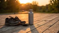 Running shoes and water bottle on wooden deck during golden hour sunset creating warm atmospheric fitness scene.