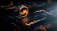 Vintage alarm clock reflecting stock market chart with glowing candlestick pattern. Financial data visualization on dark background with dramatic lighting.