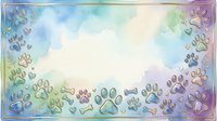 Watercolor paw prints frame a soft sky background with clouds, creating a gentle border design. Pastel colors blend across the composition, suitable for pet-related projects, greeting cards, and animal-themed designs.