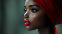 Young African woman wearing red headwrap and vibrant lipstick in dramatic side profile portrait against blurred green background, showcasing striking beauty and elegance.