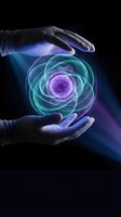 Hands protecting glowing spiral energy orb with purple and teal light effects on dark background for technology and innovation concepts.