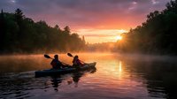 Two people kayaking on a misty lake at sunrise, paddling through golden light reflecting on calm water surrounded by forested shoreline.