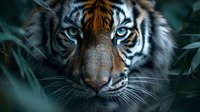 Majestic tiger portrait with piercing blue eyes emerging from lush green jungle foliage, showcasing wild feline power and natural beauty in wildlife habitat.