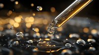 Macro shot of golden liquid droplet falling from glass dropper with water drops and bokeh lights creating magical atmosphere on dark background.
