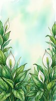 Watercolor tropical foliage frame with peace lily flowers and green leaves on soft pastel background for wedding invitations and botanical designs.