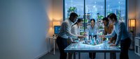 Business team collaborating on strategy planning with documents and laptops in modern office conference room during evening hours with city skyline view.