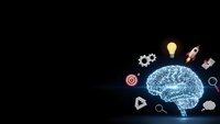 Digital brain with glowing neural networks surrounded by innovation icons on dark background for technology and artificial intelligence concepts.