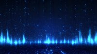Futuristic digital sound waves with glowing blue light effect on dark background with perspective grid floor and starry sky, music visualization.