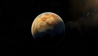 Mysterious orange planet in dark space showing detailed surface features with craters and atmospheric effects, illuminated dramatically against starry background.