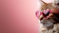 Ginger cat wearing heart-shaped pink sunglasses against pink background, close-up portrait showing playful and fashionable pet style for Valentine's day designs.