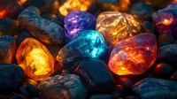 Glowing colorful mineral crystals with illuminated orange, blue, and purple stones against dark background creating magical mystical atmosphere.