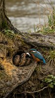 Kingfisher bird feeding young chicks in natural nest burrow among tree roots near water. Wildlife parenting behavior in riverside habitat during breeding season.