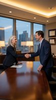Professional businesswoman and businessman shaking hands in modern office conference room with city skyline view during successful meeting.